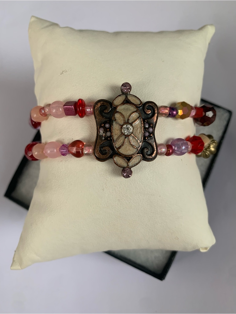 Pink and Red Beaded Double-Strand Bracelet with Decorative Center